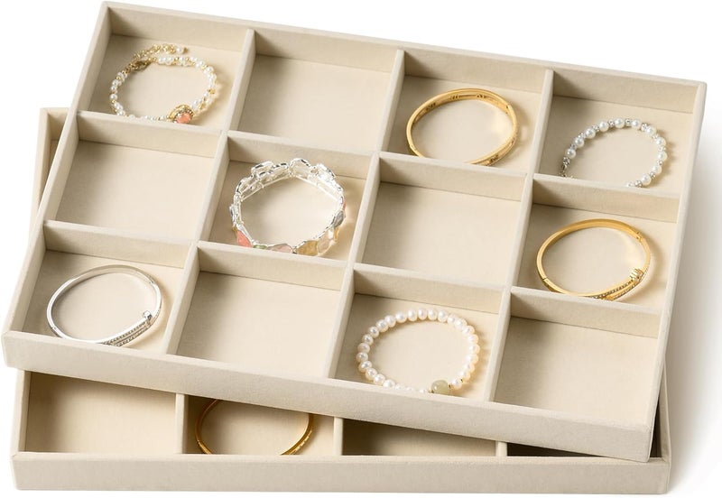 pickpiff Drawer Jewelry Organizer & Display Trays: 2pcs 12grid Velvet Stackable Jewelry Case (13.8x9.4x1.2inch) - Soft Beige Necklace Holder Bracelet Display Watch Box - Image 1